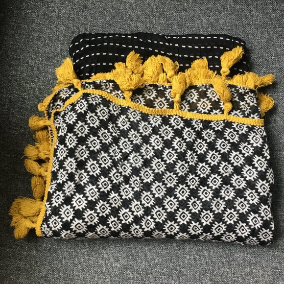 Black White Geometric Striped Yellow Tasseled Wide Long Scarf Wrap Cover Up - Picture 12 of 16